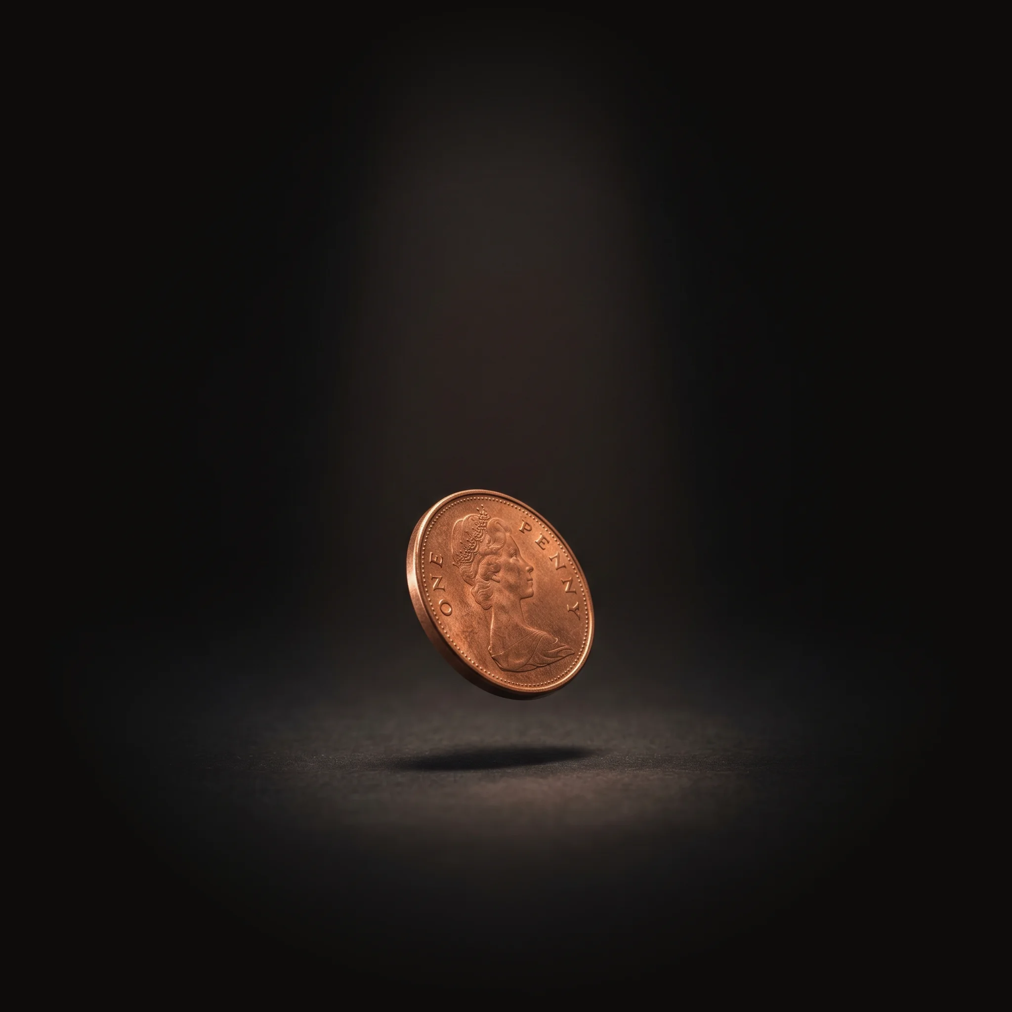 A suspended penny under spotlight — the Simplexity penny drop symbol