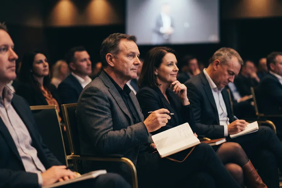 Leadership audience leaning forward, notebooks open