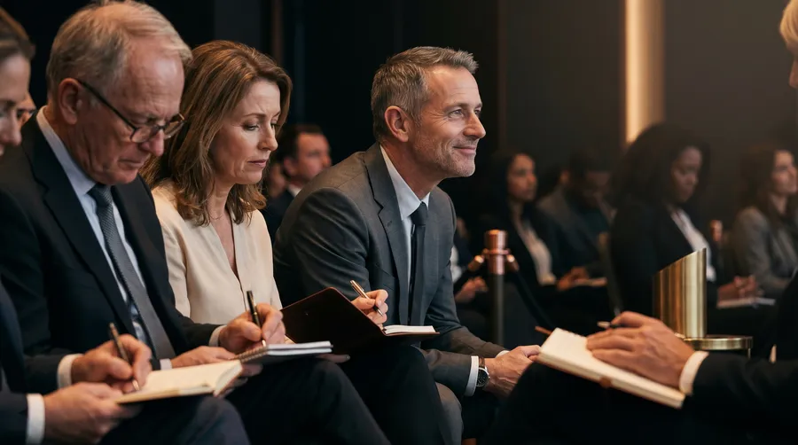 Senior audience members smiling and taking notes